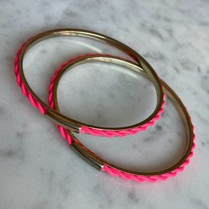 So 80's!!! - Pair of TWO Fluorescent Pink & Gold Tone Metal Bangle Bracelets!!
